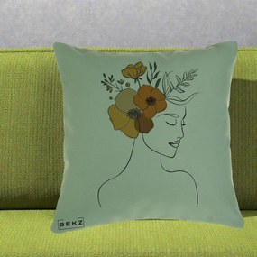 Perna Decorativa Portret Feminin Flori Galbene-Portocalii, 40x40 cm, Verde, Husa Detasabila, Perna Inclusa, BEKZ®