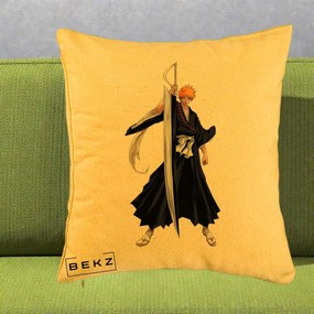 Perna Personalizata Bleach Ichigo Kurosaki Zangetsu, 40x40 cm, Galben, Husa Detasabila, Perna Inclusa, BEKZ®