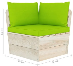 Set mobilier gradina din paleti cu perne, 6 piese, lemn molid verde aprins, 2x mijloc + 3x colt + masa, 1