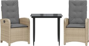 vidaXL Set de masă pentru grădină, 3 piese, cu perne, bej, poliratan