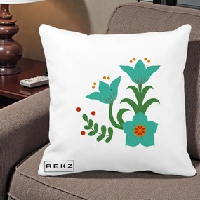 Perna Decorativa Flori Stilizate Folk Turcoaz, 40x40 cm, Alba Mata, Husa Detasabila, Perna Inclusa, BEKZ®