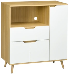 HOMCOM Dulap Multifuncțional pentru Cuptor cu Microunde, PAL, Raft Deschis, 2 Dulapuri, Sertar, 90x40x98.5cm, Alb și Lemn | Aosom Romania