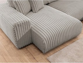 Colțar gri deschis cu tapițerie din catifea reiată (cu colț pe partea dreaptă/în formă de "U") Justin – Ropez