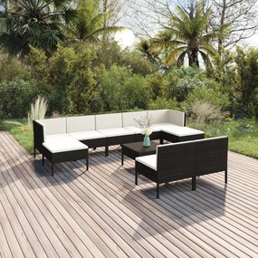 Set mobilier de gradina cu perne, 10 piese, negru, poliratan 2x colt + 5x mijloc + 2x suport pentru picioare + masa, 1