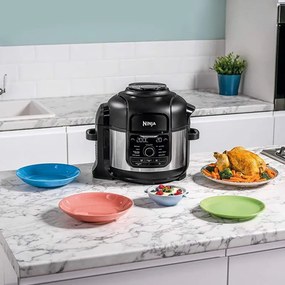 Multicooker sub presiune Ninja Foodi OP350FR, 1400 W, 6 Л, 9 programe, 40-200°C, TenderCrisp®, Acoperire ceramica, Mentinerea caldurii, Pui întreg, Negru/inoxidabil