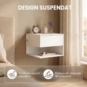 HOMCOM Set Noptiere Suspendate cu Sertar și Raft, Noptiere Moderne pentru Canapea, 40 x 35 x 30 cm, Alb | Aosom Romania