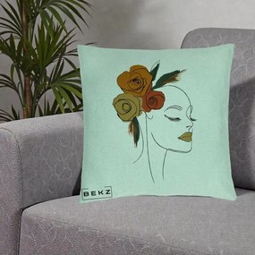 Perna Decorativa Portret Feminin Trandafiri Ruginii, 40x40 cm, Verde Menta, Husa Detasabila, Perna Inclusa, BEKZ®