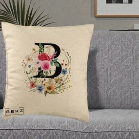 Cadou Personalizat - Perna Personalizata Monogram Litera B cu Flori Acuarela, 40x40 cm, Bej, Husa Detasabila, Perna Inclusa, BEKZ®