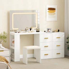 HOMCOM Toaletă cu oglindă și taburet, masă de machiaj cu iluminare LED reglabilă, 6 sertare, 118 x 78 x 135 cm, alb | Aosom Romania