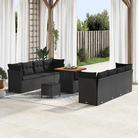 Set de canapea pentru grădină vidaXL cu 11 piese cu perne Negru Ratan Poli Acacia