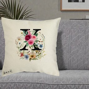 Cadou Personalizat - Perna Personalizata Monograma Florala Litera X cu Coroana, 40x40 cm, Ecru, Husa Detasabila, Perna Inclusa, BEKZ®