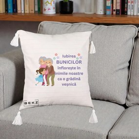 Cadou pentru Bunici - Perna Personalizata Bunicii Iubirea Infloreste Bunici cu Nepoata Colorat, 40x40 cm, Bej cu Franjuri, Husa Detasabila, Perna Inclusa, BEKZ®
