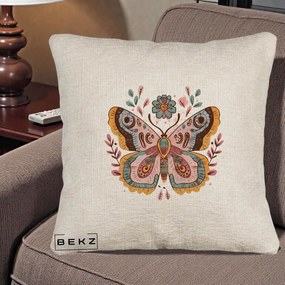 Perna Decorativa Fluture Boho Floral, 40x40 cm, Bej Canapea, Husa Detasabila, Perna Inclusa, BEKZ®