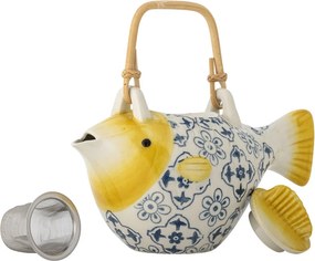 Ceainic din ceramică albă în formă de pește cu model floral albastru decorat manual, 800 ml, 24×13,5×13 cm, „Wrenna"
