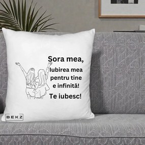 Cadou pentru Sora - Perna Personalizata Sora Mea Te Iubesc Line Art Doua Fete cu Brate Ridicate, 40x40 cm, Alb Pufos, Husa Detasabila, Perna Inclusa, BEKZ®
