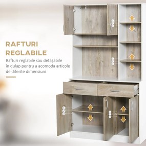 HOMCOM Bufet de Bucătărie Spațios, Dulap cu Sertare și Uși, Design Modern, 100x39x180 cm, Alb și Lemn Natural | Aosom Romania