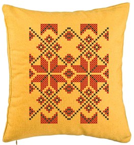 Perna Decorativa, Model cu Motive Romanesti, 40x40 cm, Galben, Husa Detasabila, Burduf