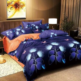 Lenjerie pat dublu cu două feţe  4 piese  Bumbac Satinat Superior  Albastru  flori