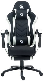 Scaun gaming cu masaj în perna lombară, sezut benzi elastice sustinere, suport picioare, material textil, Negru/Alb
