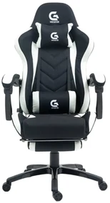 Scaun gaming cu masaj în perna lombară, sezut benzi elastice sustinere, suport picioare, material textil, Negru/Alb