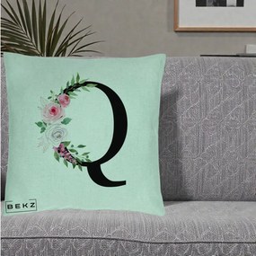 Cadou Personalizat - Perna Personalizata Monograma Florala Litera Q, 40x40 cm, Verde Menta, Husa Detasabila, Perna Inclusa, BEKZ®