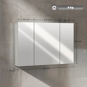 kleankin Dulap de baie suspendat cu 3 uși oglindă și polițe reglabile din MDF Gri dim. 90L x 15l x 60H cm | Aosom Romania