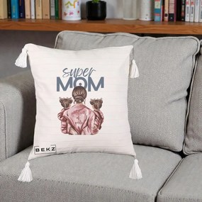Cadou pentru Mama - Perna Personalizata Super Mom of Girls Mama cu Gemene, 40x40 cm, Bej cu Franjuri, Husa Detasabila, Perna Inclusa, BEKZ®