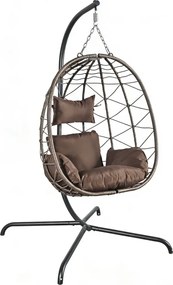 Fotoliu leagan suspendat, cos pliabil, perne moi, rezistent la UV, împletitură PE ratan, structură metalică, pentru interior și exterior, Maro