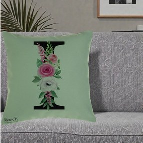 Cadou Personalizat - Perna Personalizata Monograma Florala Litera I, 40x40 cm, Verde, Husa Detasabila, Perna Inclusa, BEKZ®