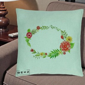 Perna Decorativa Coroana Florala Acuarela, 40x40 cm, Verde Menta, Husa Detasabila, Perna Inclusa, BEKZ®