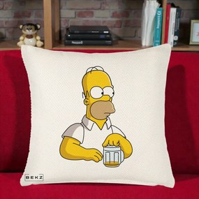 Perna Personalizata Homer Simpson cu Bere, 40x40 cm, Crem Reliefat, Husa Detasabila, Perna Inclusa, BEKZ®