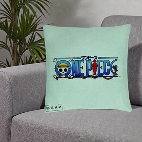 Perna Personalizata One Piece Clasic Albastru, 40x40 cm, Verde Menta, Husa Detasabila, Perna Inclusa, BEKZ®