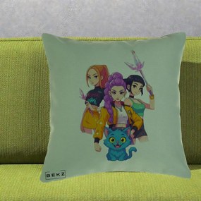 Perna Personalizata K-pop HUNTRX Trio cu Pisica si Cristale, 40x40 cm, Verde, Husa Detasabila, Perna Inclusa, BEKZ®