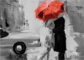 Tablou pe sticlă - Cuplu în dragoste sub o umbrelă, roșu (70x50 cm)