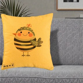 Perna Decorativa Pui Kawaii Teal cu Flori, 40x40 cm, Galben, Husa Detasabila, Perna Inclusa, BEKZ®