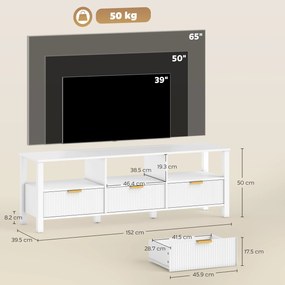 HOMCOM Comodă TV 152 cm, mobilier TV pentru televizor 165,1 cm cu 3 sertare și 3 rafturi deschise, 152x39,5x50cm, alb | Aosom Romania