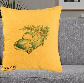 Perna Decorativa Masinuta Albastra cu Brad de Craciun, 40x40 cm, Galben, Husa Detasabila, Perna Inclusa, BEKZ®