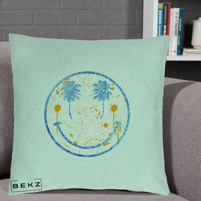 Perna Decorativa Smiley Face Tropical Albastru Glitter si Portocaliu, 40x40 cm, Verde Menta, Husa Detasabila, Perna Inclusa, BEKZ®
