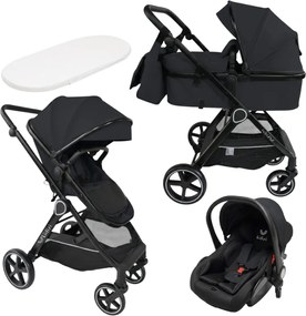 Carucior copii 3 in 1 Kidizi Moveo negru, landou transformabil in parte sport, scoica auto R129, cadru black, pana la 22 kg (0–4 ani), saltea si geanta incluse