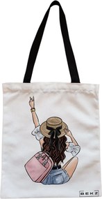 Sacosa de Panza pentru Cumparaturi, Geanta Tote, Travel Girl 9, Cu fermoar, 38x34.5 cm, Alba, BEKZ®
