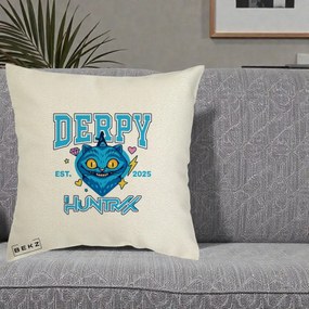 Perna Personalizata K-pop HUNTRX Derpy Pisica Albastra, 40x40 cm, Ecru, Husa Detasabila, Perna Inclusa, BEKZ®