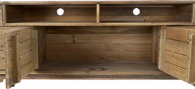 Comodă TV living din lemn reciclat, natur, cu 4 uși, 2 sertare, 2 nișe deschise și picioare oblice, finisaj antichizat, 65 x 180 x 48 cm, „Aubeline”
