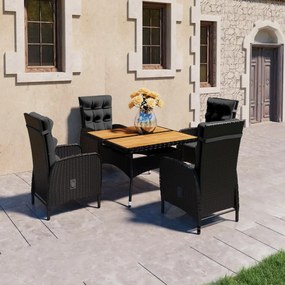 3058529 vidaXL Set mobilier grădină, 5 piese, negru, poliratan și lemn acacia