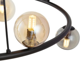 Lampă suspendată neagră cu sticlă fumurie și chihlimbar rotundă cu 8 lumini - Monaco