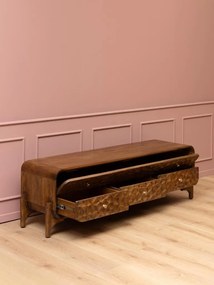 Comodă TV din lemn de mango cu 1 ușă și 3 sertare , natur, cu decor sculptat în relief și mânere din alamă, 150x32,5x160,5 cm, „Atlas"