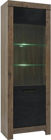 Vitrina BALIN, stejar/negru, PAL/sticla, cu iluminare LED, 68x40x197 c