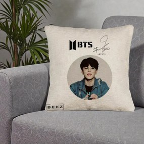 Perna Personalizata K-pop BTS Jimin Portret Cerc Autograf Geaca, 40x40 cm, Bej Canapea, Husa Detasabila, Perna Inclusa, BEKZ®