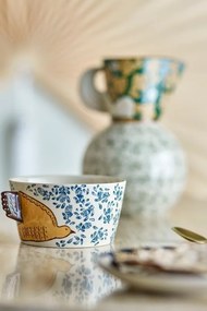 Bol din ceramică bej cu decor pasăre și motive florale pictate manual în tonuri de albastru și maro, 13x7 cm, "Hezha"