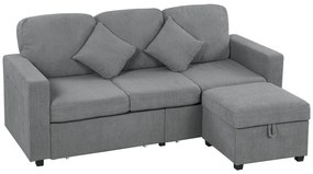 HOMCOM Divan 3 Locuri cu Pouf de Depozitare din Velur cu Nervuri 196x139x85 cm, Gri | Aosom Romania