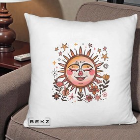 Perna Decorativa Soare Retro Boho Floral, 40x40 cm, Alb Pufos, Husa Detasabila, Perna Inclusa, BEKZ®